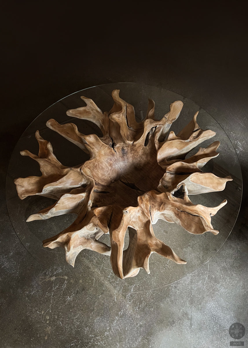 Valgomojo stalas iš tikmedžio šaknies su stiklu